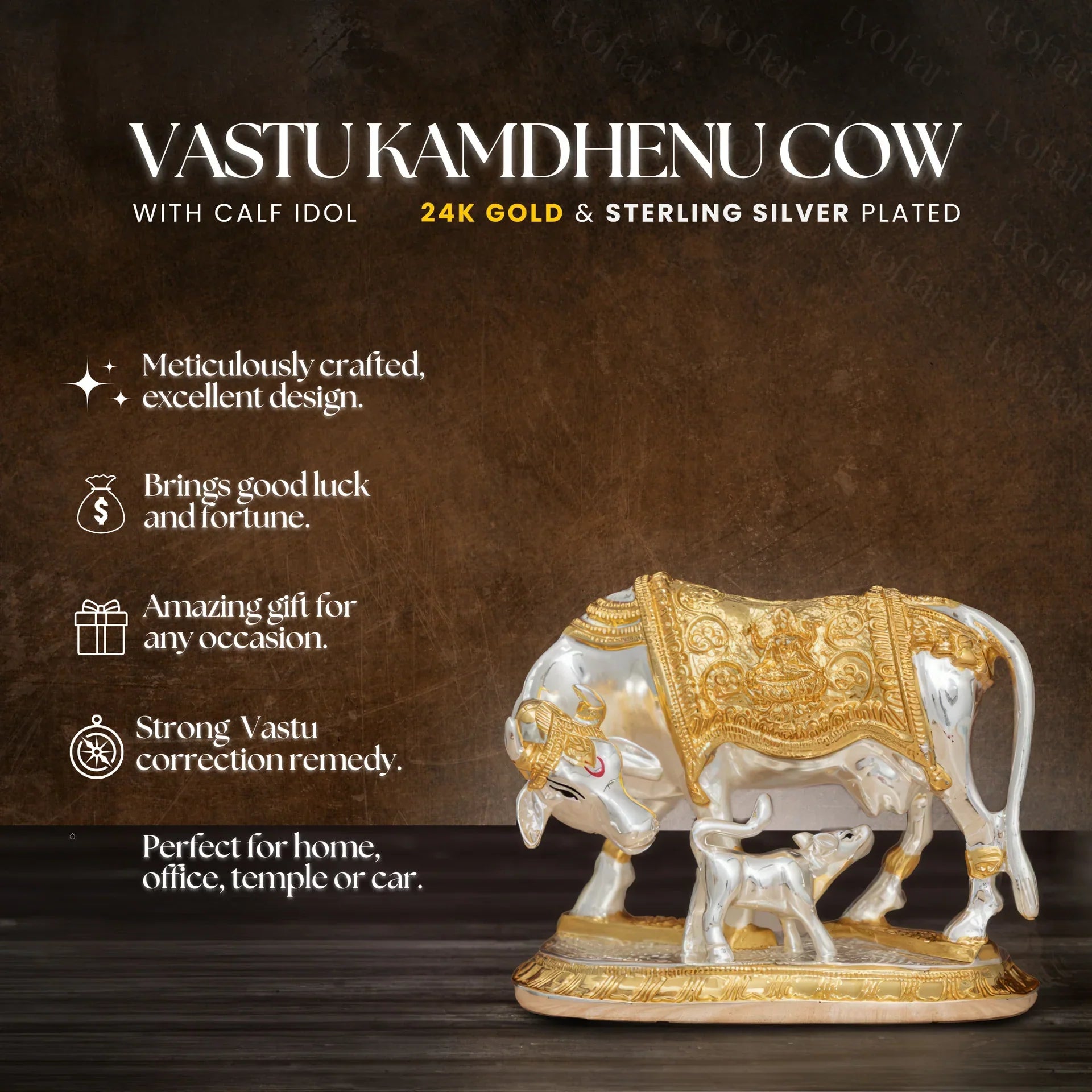 Kamdhenu cow with calf 24k gold & silver plated