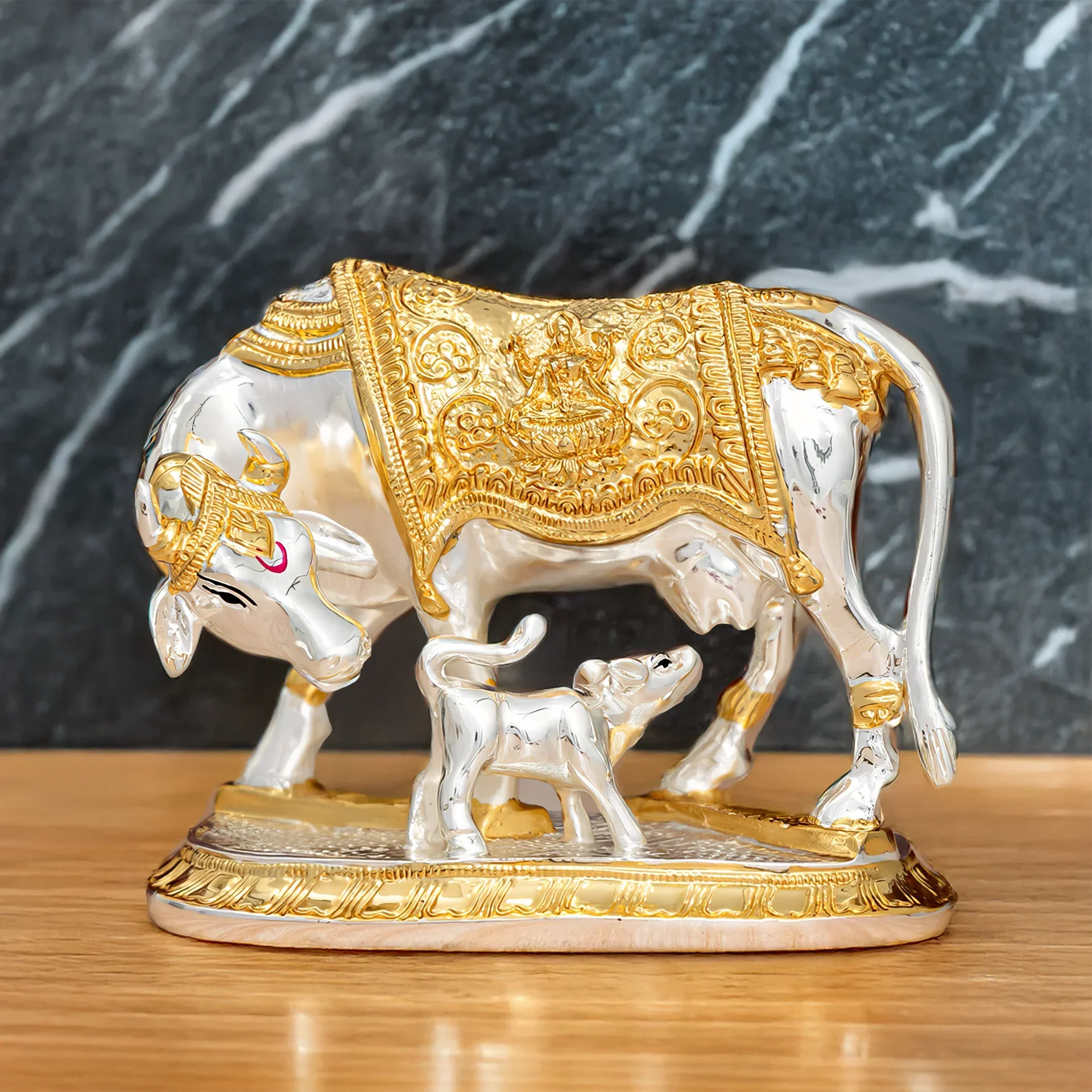 Kamdhenu cow with calf 24k gold & silver plated