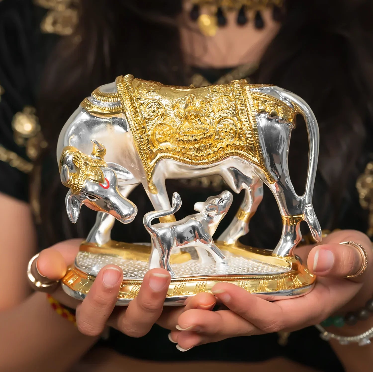 Kamdhenu cow with calf 24k gold & silver plated