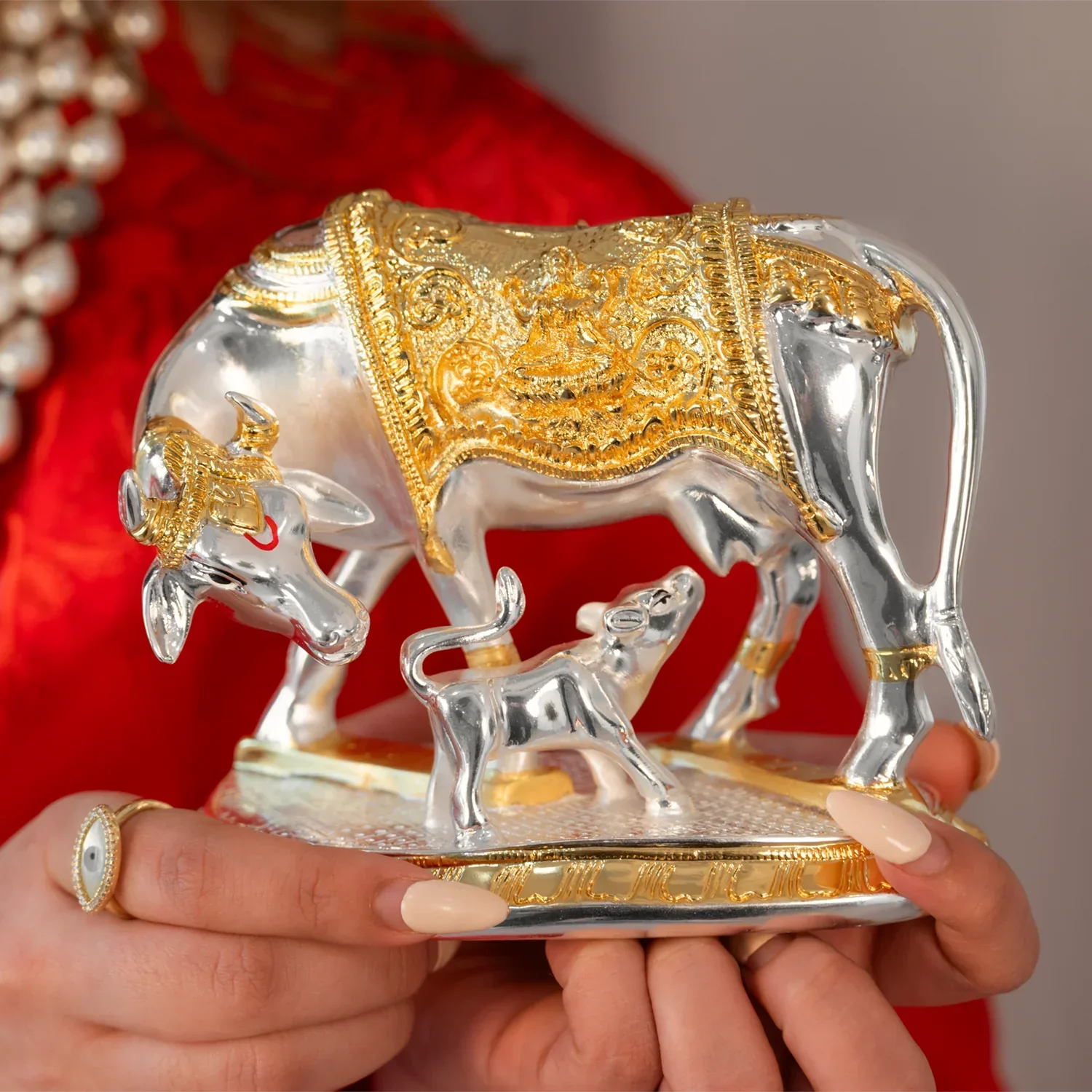 Kamdhenu cow with calf 24k gold & silver plated